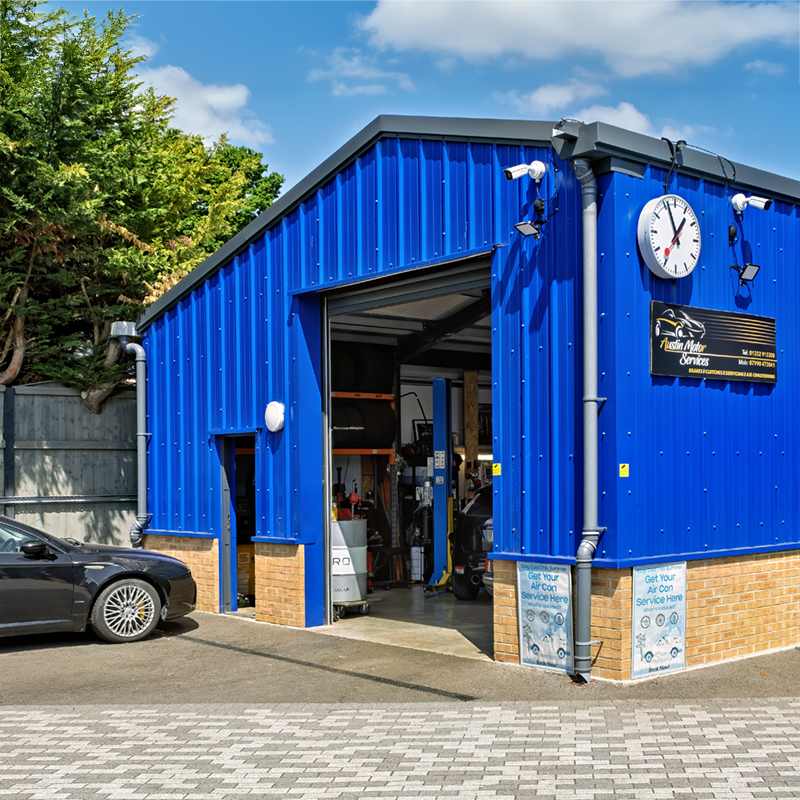 Picture showing Car repair garage site of Austin Motor Services Ltd, Cove, Farnborough, Hants.